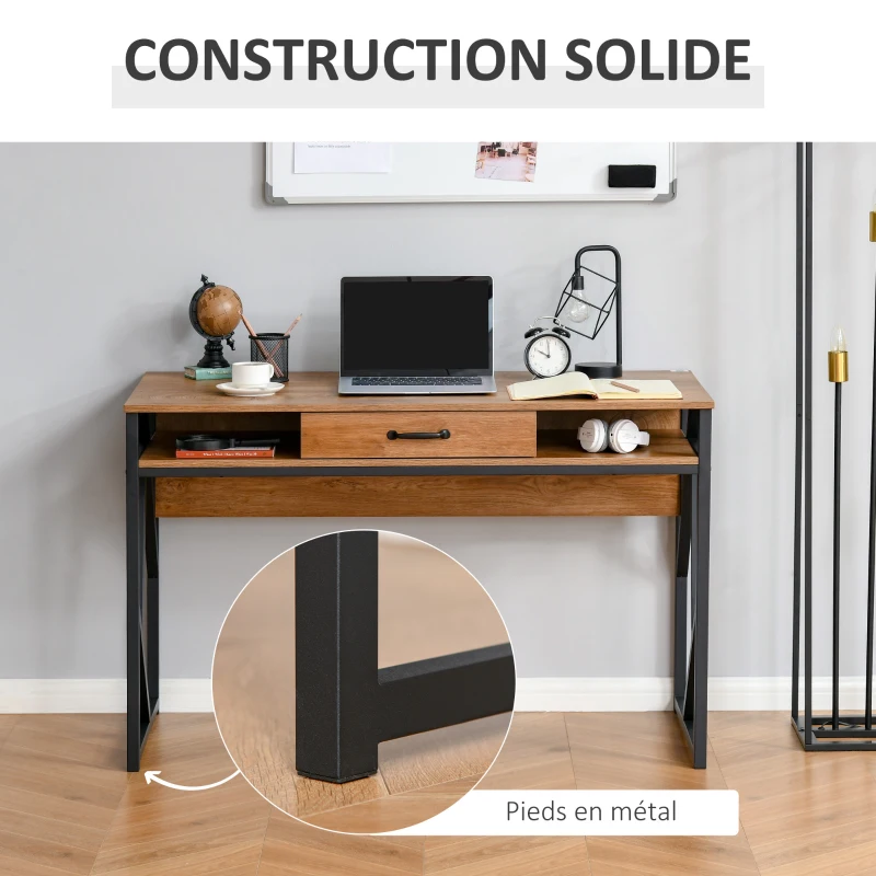 HOMCOM Bureau Style Industriel 120L x 60l x 76H cm tiroir + 2 niches piètement métal Noir Plateau, pour Étude, Aspect