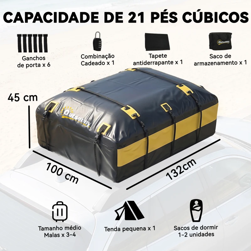 Outsunny Bolsa de Teto para Carro 594L Impermeável com 6 Correias Tapete Antiderrapante e Ganchos para Veículos Preto e Amarelo
