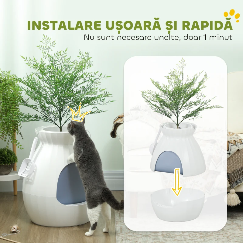 PawHut Ladă pentru Pisici Anti-miros în formă de Vază cu Linguriță, din ABS și Oțel Inoxidabil, 50x48.5x58.7 cm, Alb