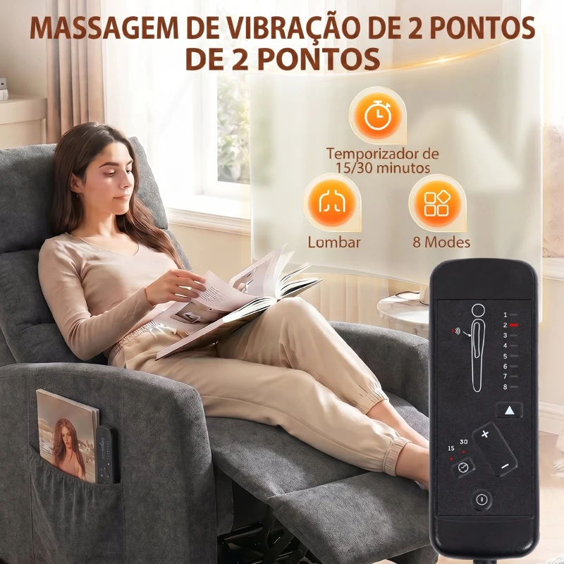HOMCOM Poltrona de Massagem Reclinável com Apoio para Pés 2 Zonas de Massagem Encosto Alto Bolsos Estofada em Chenille Cinzento