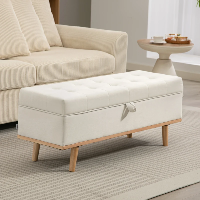 HOMCOM Bancă de Depozitare de 80L Tapițată cu Material Textil și Picioare din Lemn, 118x42x45 cm, Crem