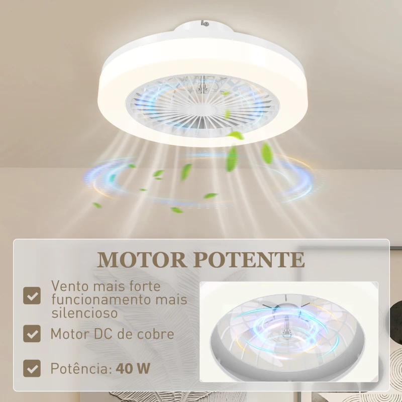 HOMCOM Ventoinha de Teto com Luz LED 40 W Motor DC Revertível Controlo Remoto 6 Velocidades Temporizador Ø46x16 cm Branco