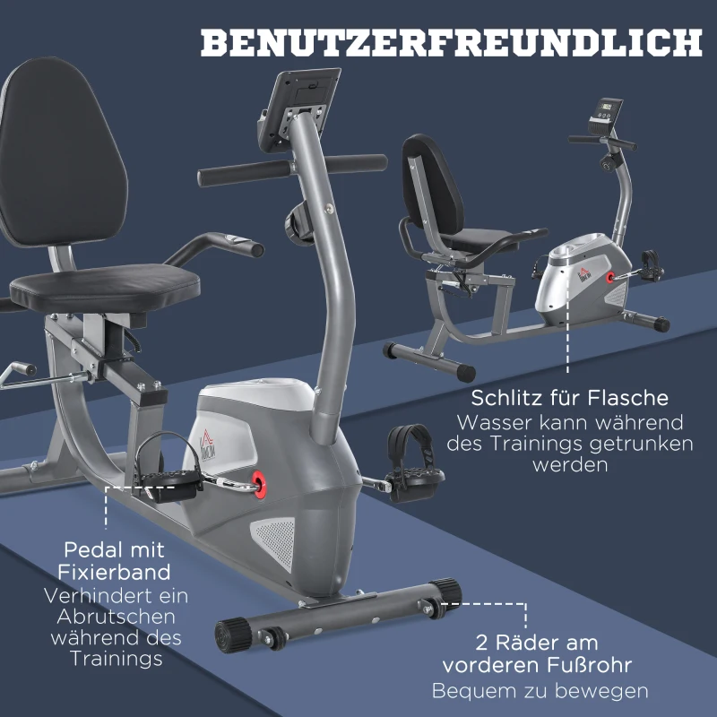 HOMCOM Liegeergometer mit LCD-Anzeige 8 stufig einstellbarem Magnetwiderstand Liegefahrrad Heimtrainer mit Herzfrequenzsensoren, verstellbarer Rückenlehne, Sitzergometer für Senioren bis 110 kg