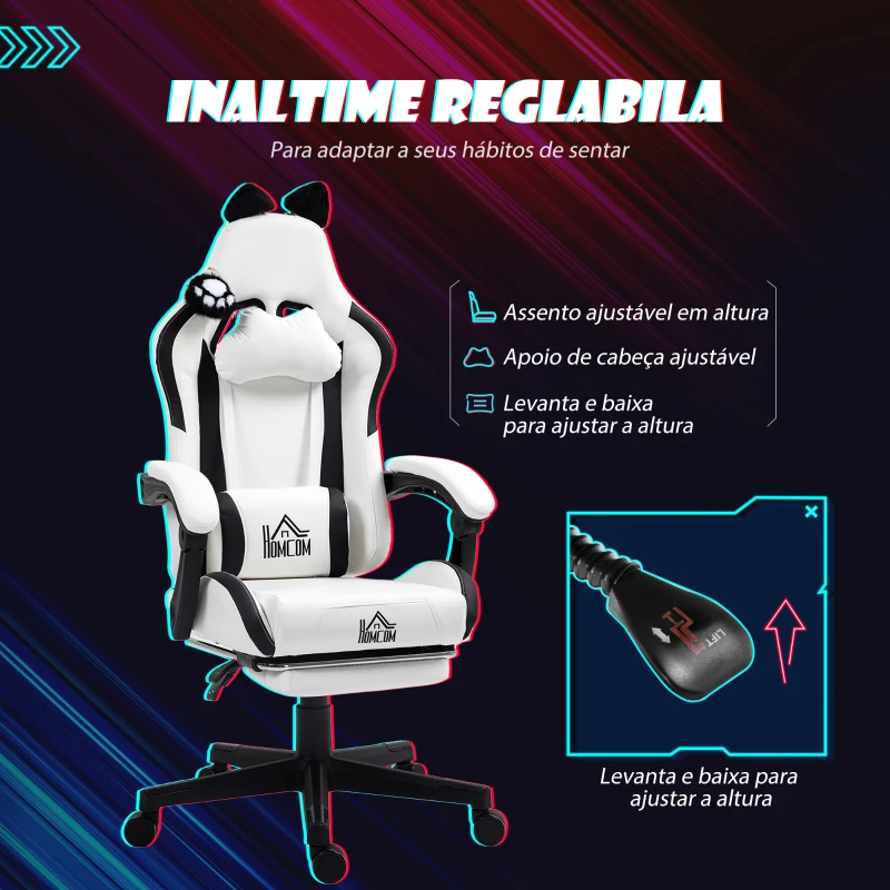 HOMCOM Cadeira Gaming com Orelhas Cadeira Gamer Reclinável com Altura Ajustável e Suporte Lombar 65x62x116-124 cm Branco