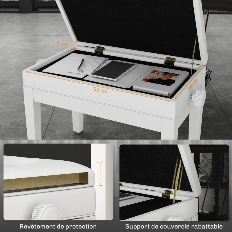 HOMCOM Banc de piano, banc de clavier réglable en hauteur en bois massif, compartiment de rangement, 55 x 33 x 48-58 cm blanc