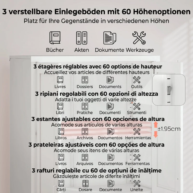 HOMCOM Dulap pentru Birou din Oțel cu 3 Rafturi Reglabile, cu Încuietoare și 2 Chei, 80x40x175 cm, Alb