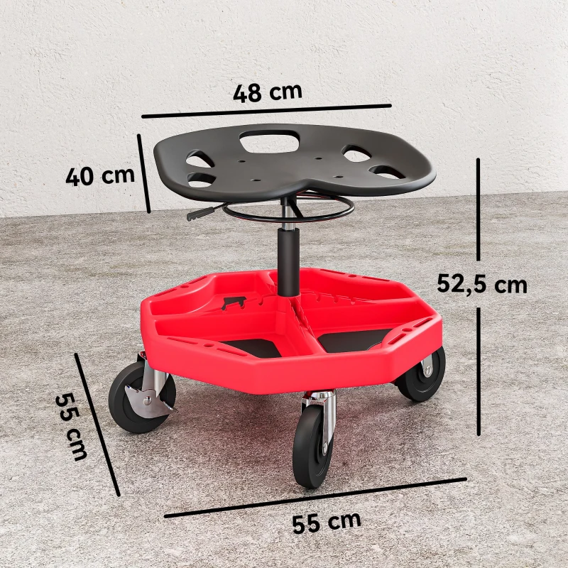 HOMCOM Banco de Oficina Móvel com Bandeja Magnética Altura Ajustável de 52–59,5 cm Carga 135 kg Banco para Mecânico com Rodas para Garagem Reparação de Automóveis Vermelho