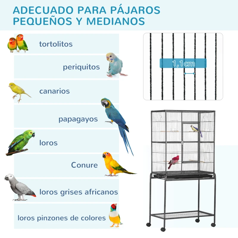 PawHut Jaula para Pájaros con Ruedas Pajarera Metálica con Perchas Comederos y Estante 81x48x162,5 cm Negro y Gris