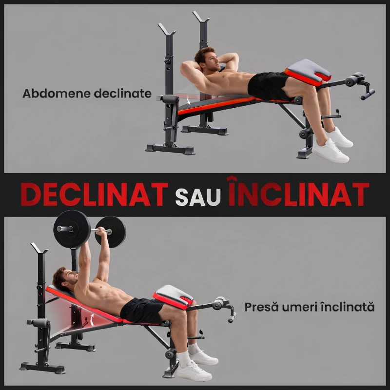 HOMCOM Bancă Multifuncțională Reglabilă cu Suport pentru Haltere, din Oțel și Plastic, 175x139x127 cm, Roșu și Negru
