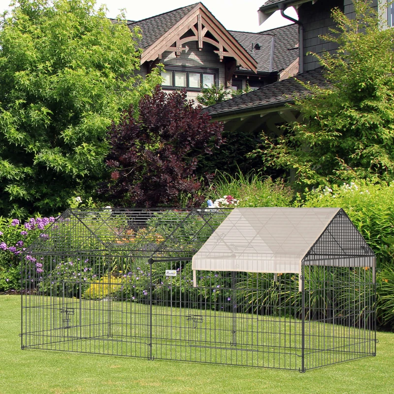 PawHut Clôture pour petits animaux cage pour animaux domestiques cadre en métal galvanisé 4 piquets de sol noir et beige