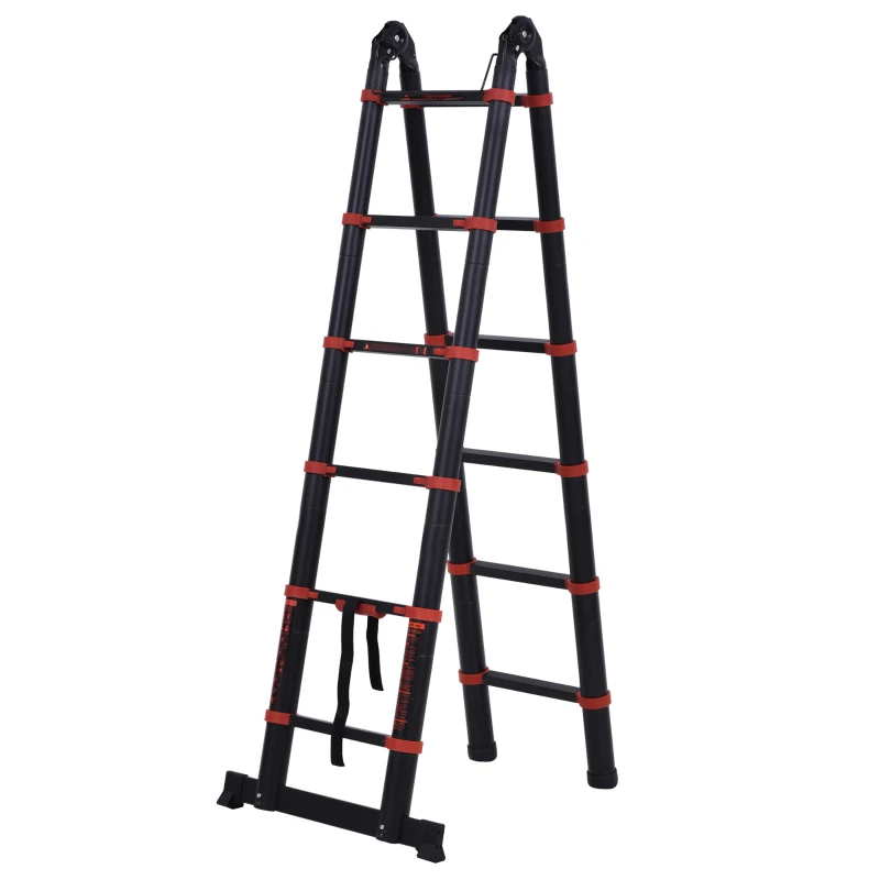 HOMCOM Escalera de Aluminio Plegable 2 Formas de Uso Retráctil Portátil Escalera Telescópica 12 Escalones Antideslizantes Carga 150 kg 379x67,5x11 cm Negro