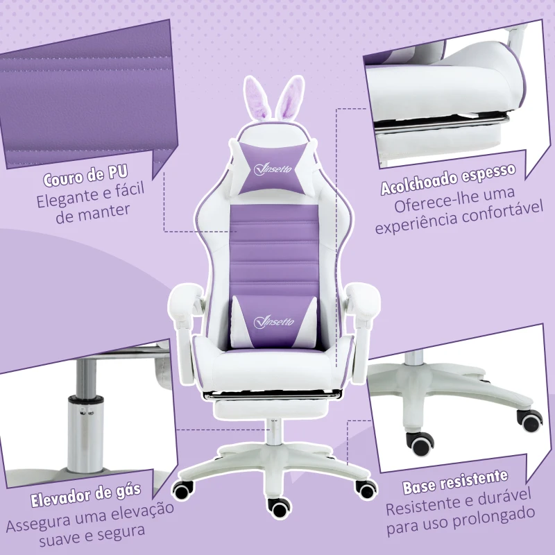 Vinsetto Cadeira Gaming Giratória de Couro PU com Altura Ajustável Inclinável 135° Apoio para a Cabeça 65x63x136-142 cm Branco e Roxo