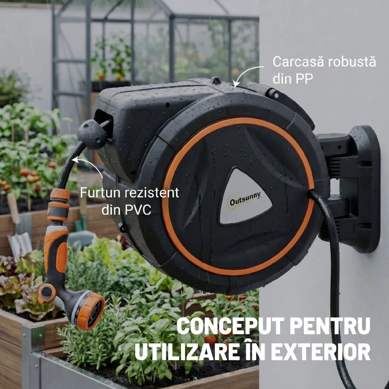 Outsunny furtun retractabil, suport furtun, role pentru furtun