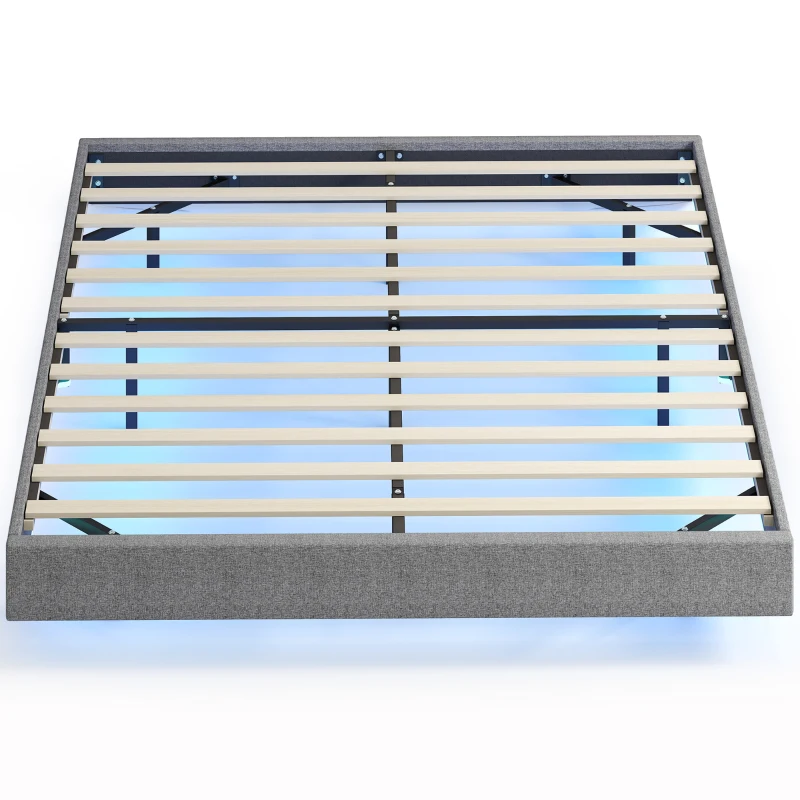HOMCOM Cama 160x200 cm com Luzes LED Estofada em Linho Ripas de Madeira Silenciosa Fácil de Montar Cinzento