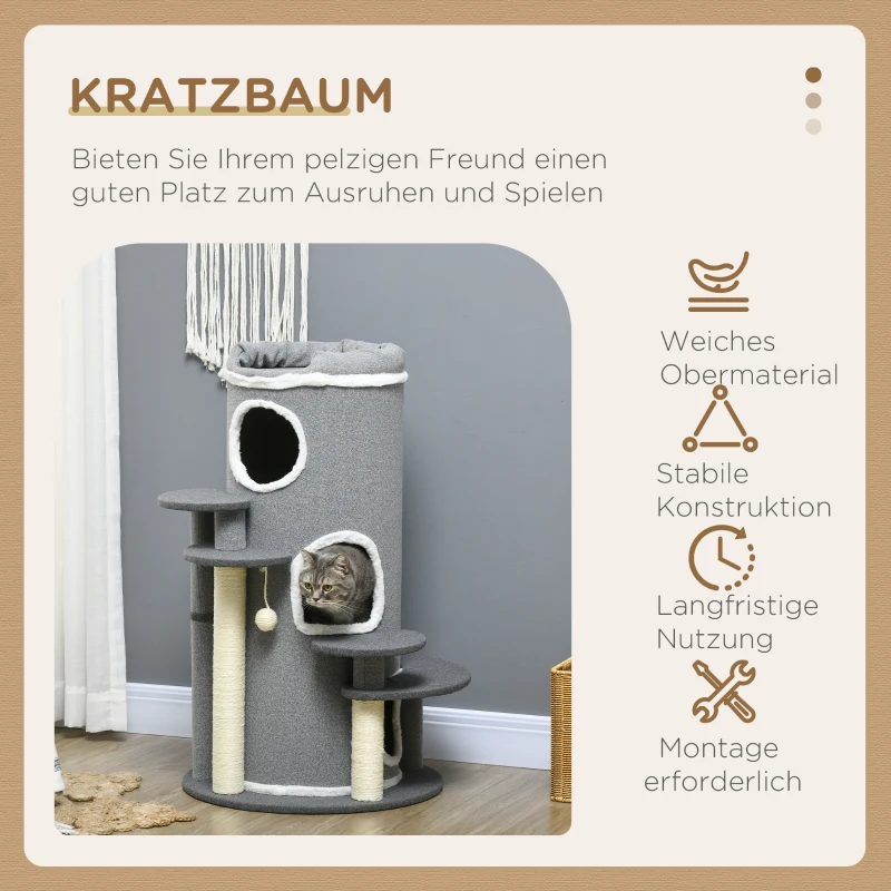 PawHut Kratzbaum Kratztonne, 2 Katzenhöhlen, 4 Liegeflächen, 4 Kratzpfosten, 57 cm x 57 cm x 99 cm, Grau + Weiß