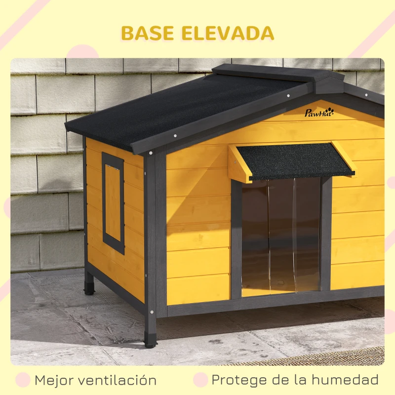 PawHut Caseta para Perros Exterior con Techo Asfáltico Abatible Ventanas y Base Extraíble 97x72x65 cm Madera Natural