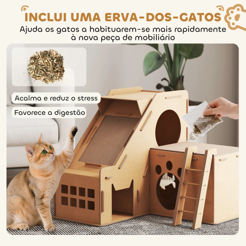 PawHut Arranhador para Gatos em Forma de Castelo 2 em 1 com 2 Áreas para Arranhar Catnip Rampa e Escada  67x66x57 cm Castanho