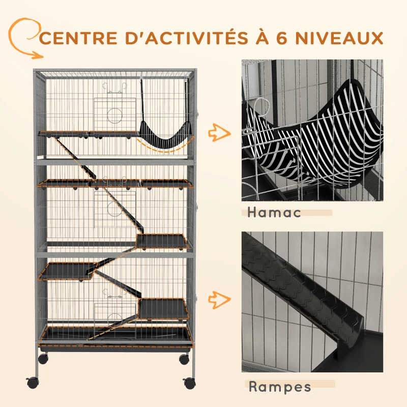 PawHut Cage pour rongeurs multifonction 4 plateformes 3 rampes 4 portes dim. 80L x 52l x 159H cm acier gris argenté noir