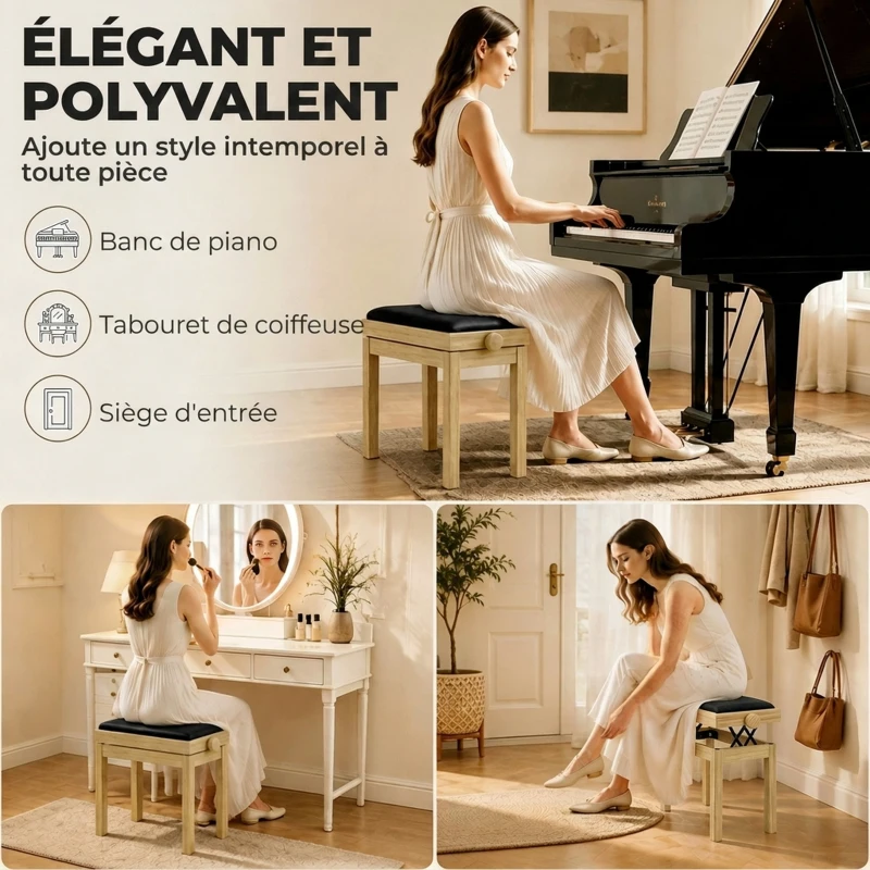 HOMCOM Banc de Piano, Tabouret Piano Réglable en Hauteur 45-56 cm, Banc de Clavier, Siège Rembourré en Velours, Bois Naturel