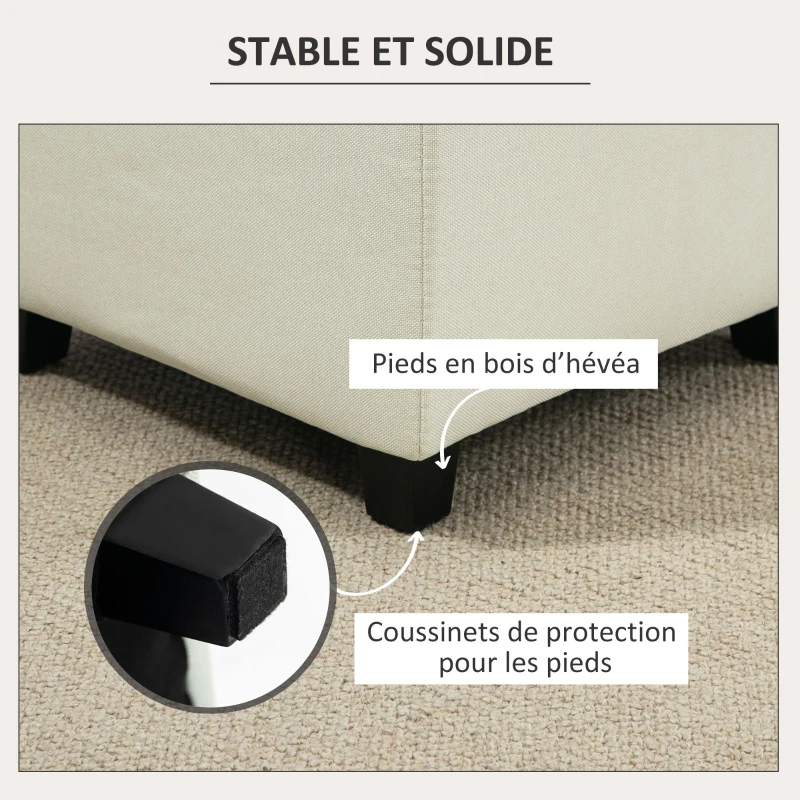 HOMCOM Repose pied salon, ottoman, siège rembourré capitonné en tissu aspect lin avec poche latérale, 35 x 35 x 35 cm, crème