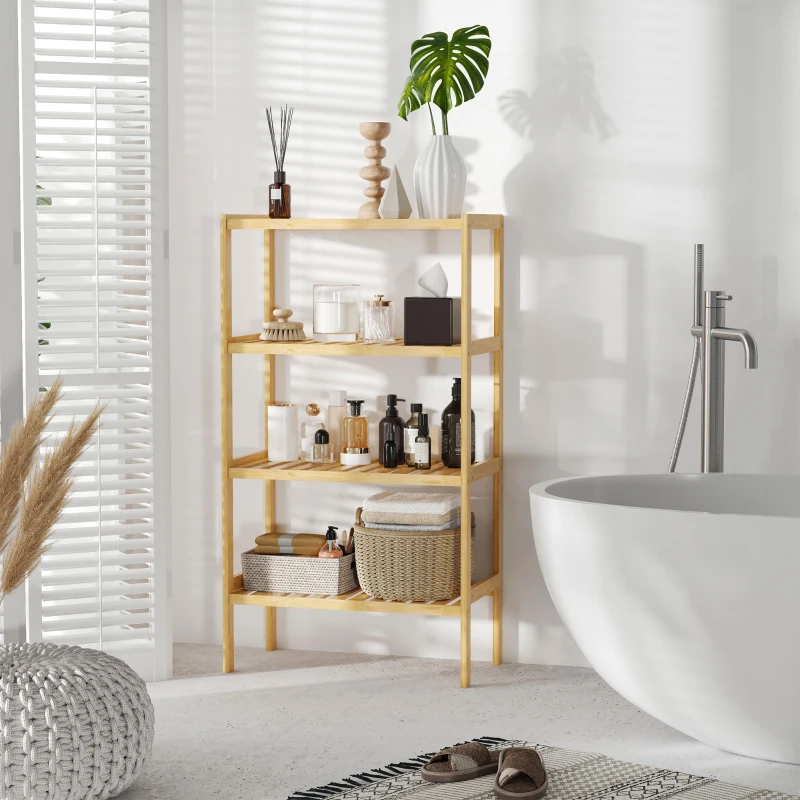 HOMCOM Estante de Bambú de 4 Níveis Móvel Organizador Multifuncional para Casa de Banho Cozinha Sala de Estar com Dispositivo Anti-Rolamento 62x33x112cn Natural