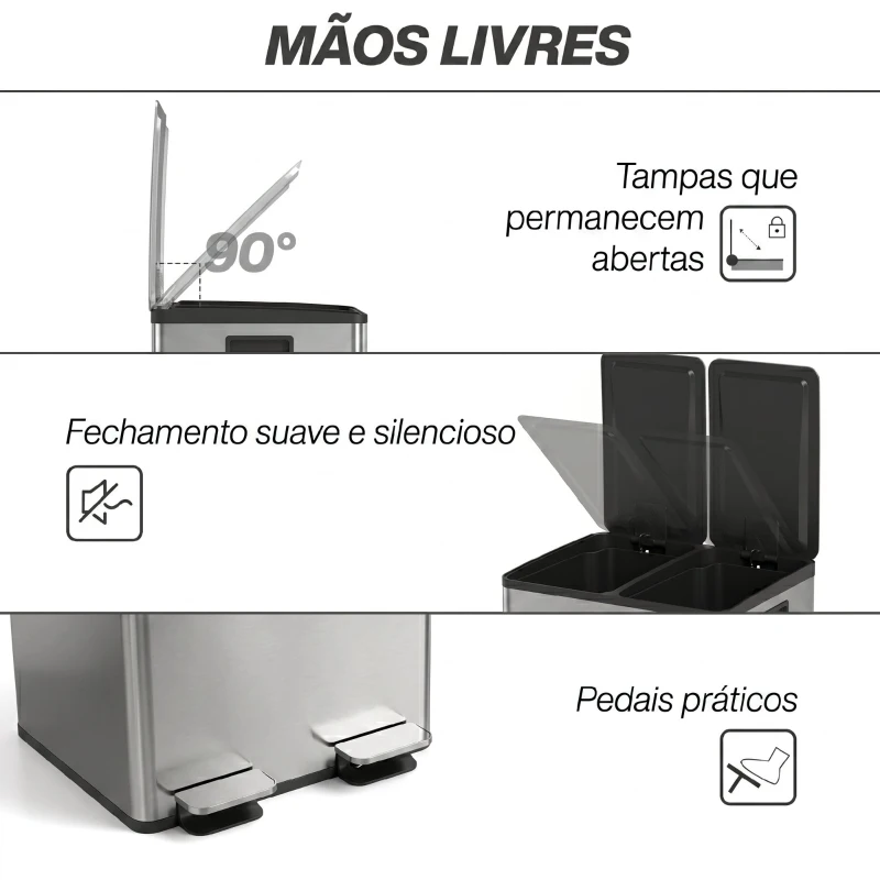 HOMCOM Papeleira de Cozinha em Aço Inoxidável com 2 Compartimentos 2x20L Pedal, Tampas de Fecho Suave e Balde Removível Preto