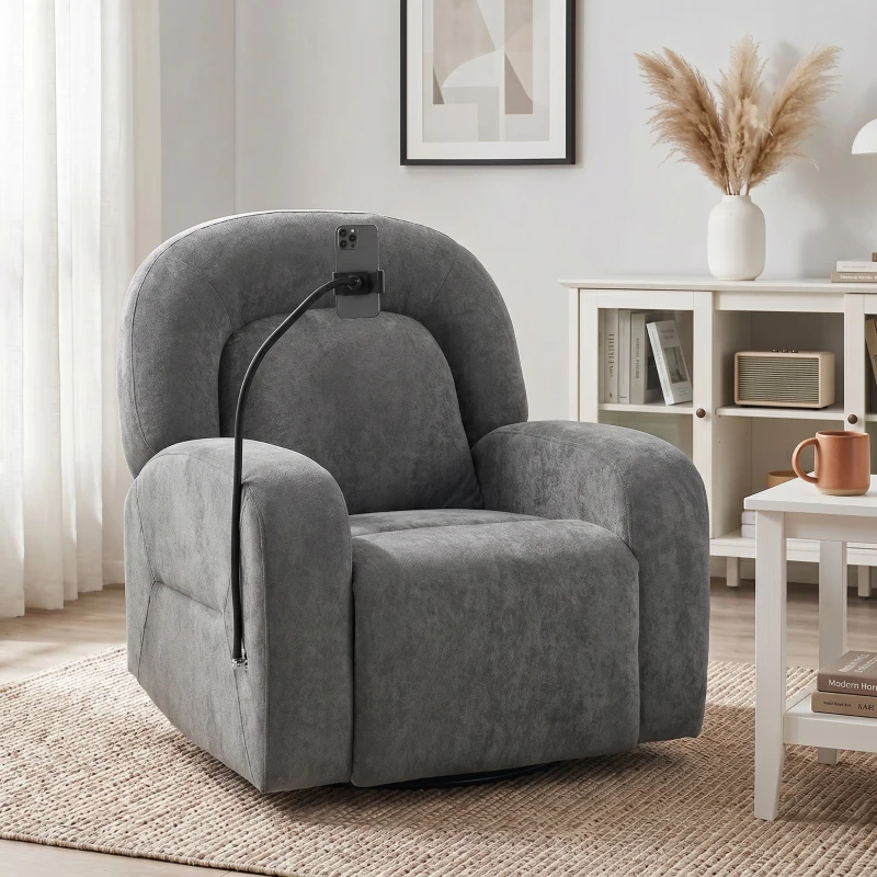 HOMCOM Poltrona Relax Reclinável 3 em 1 com Função de Baloiço Rotação 360° Suporte para Telemóvel Assento Amplo Cinzento