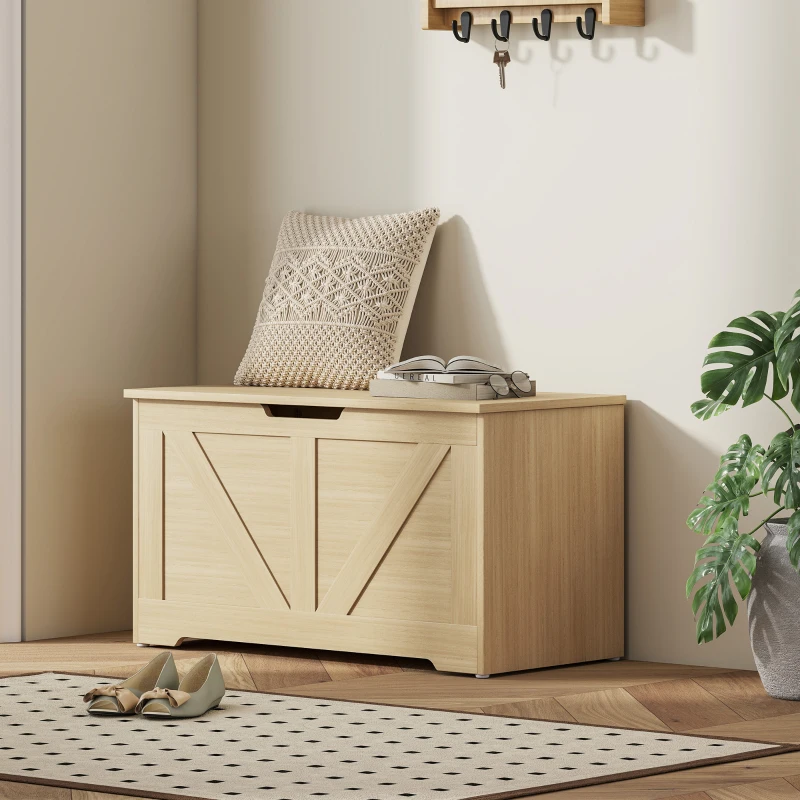 HOMCOM Coffre de rangement, banc de rangement avec couvercle rabattable et charnières de sécurité, 80 x 40 x 45 cm, bois naturel