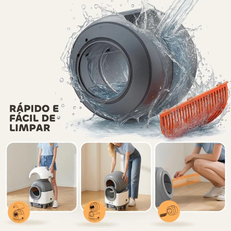 PawHut Caixa de Areia Autolimpante para Gatos 80L com Eliminação de Odores e Controlo por APP 55,5x51x60 cm Branco