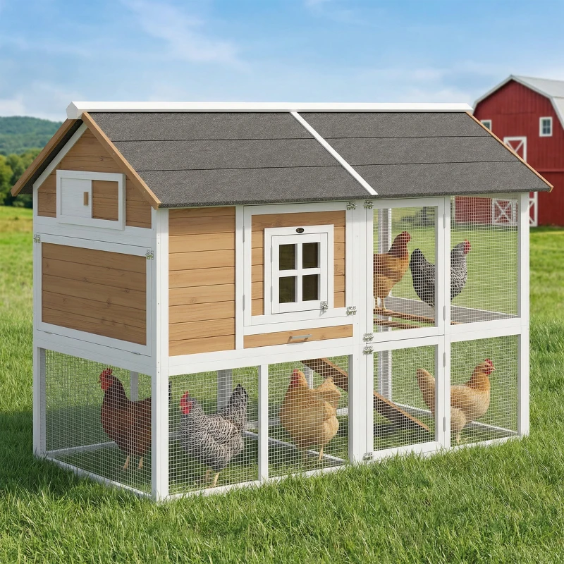 PawHut Hühnerstall Hühnerhaus mit Auslauf Nistkasten herausziehbarem Tablett Asphaltdach für 4 Hühner 200x104x145cm Holz Braun