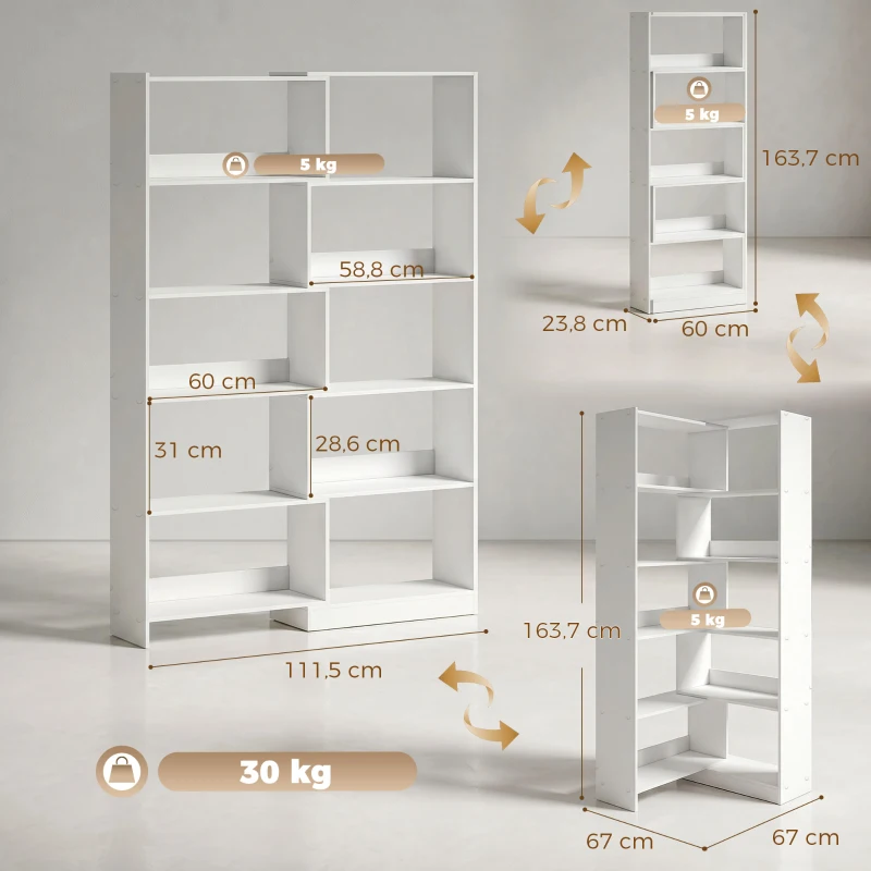 HOMCOM Estante Expansível 5 Níveis Estante para Livros Giratória 350° Largura Ajustável Convertível em L Reta ou Compacta 111,5x23,8x163,7 cm Branco