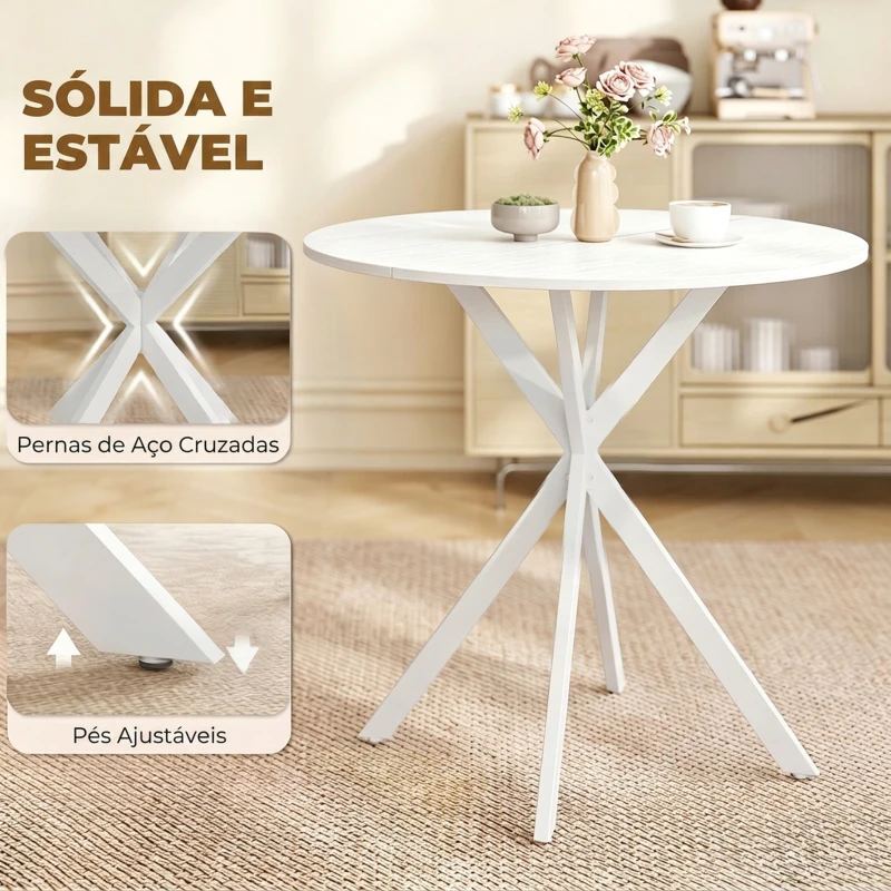 HOMCOM Mesa Redonda de Jantar para 2 Pessoas com Pés Cruzados em Aço, Ø80x75 cm, Branca
