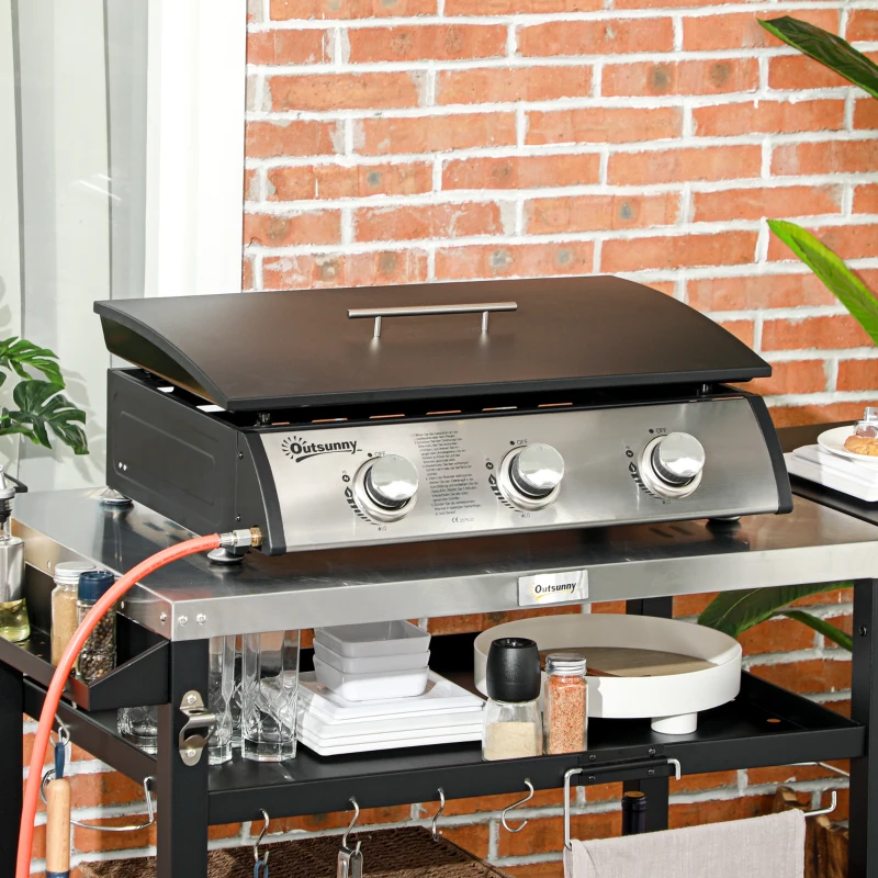 Outsunny Gasgrill mit Deckel, 3 Brennern, Fettauffangschale, antihaft-Platte, 63x47x25 cm, Schwarz/Silber