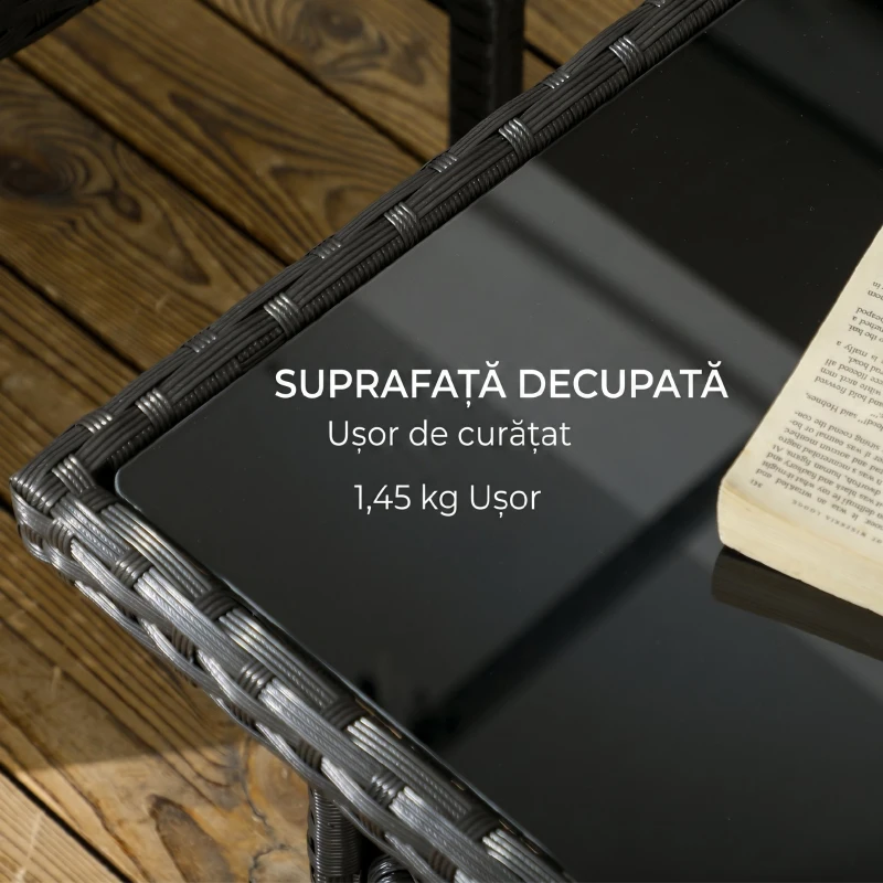Outsunny Set Exterior Rattan PE cu Canapea, 2 Fotolii cu Perne și Măsuță din Sticlă, Negru și Gri