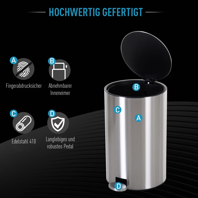 HOMCOM Abfalleimer Mülleimer Treteimer mit Inneneimer 12 L Soft Schließen Edelstahl PP Ø25,8 x H42 cm