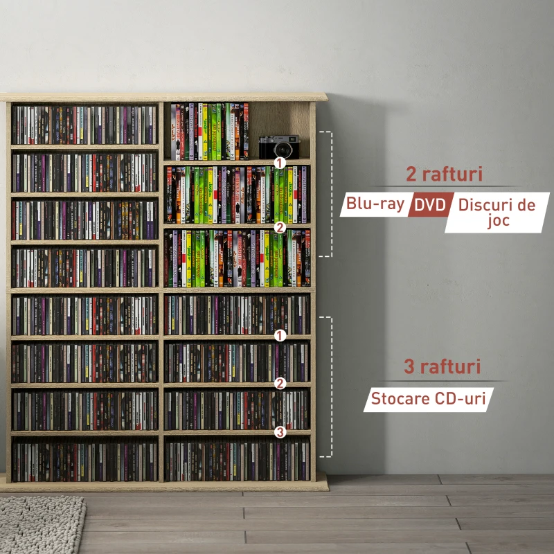 HOMCOM Dulap Modern pentru CD-uri cu 16 Rafturi, din Lemn, 106,5x24x126,3 cm, Natural