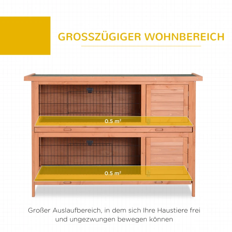 PawHut Hasenstall winterfest 2 Etagen Kaninchenstall Holz Bodenwanne Asphaltdach Türen 136,4 x 50 x 93 cm Orange