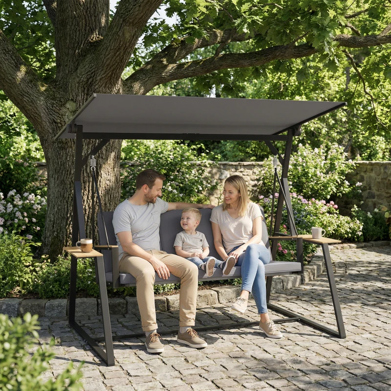 Outsunny Baloiço de Jardim de 3 Lugares com Teto Ajustável UPF50+ 2 Bandejas Almofadas e Estrutura em Metal 222x131x175 cm Cinza