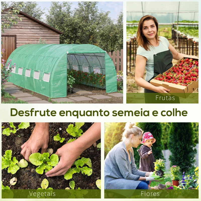 Outsunny Estufa de Túnel de Jardim 597x300x200 cm com Porta Lateriais e Janelas Enroláveis Cobertura de PE 140g/m² e Metal Galvanizado Verde