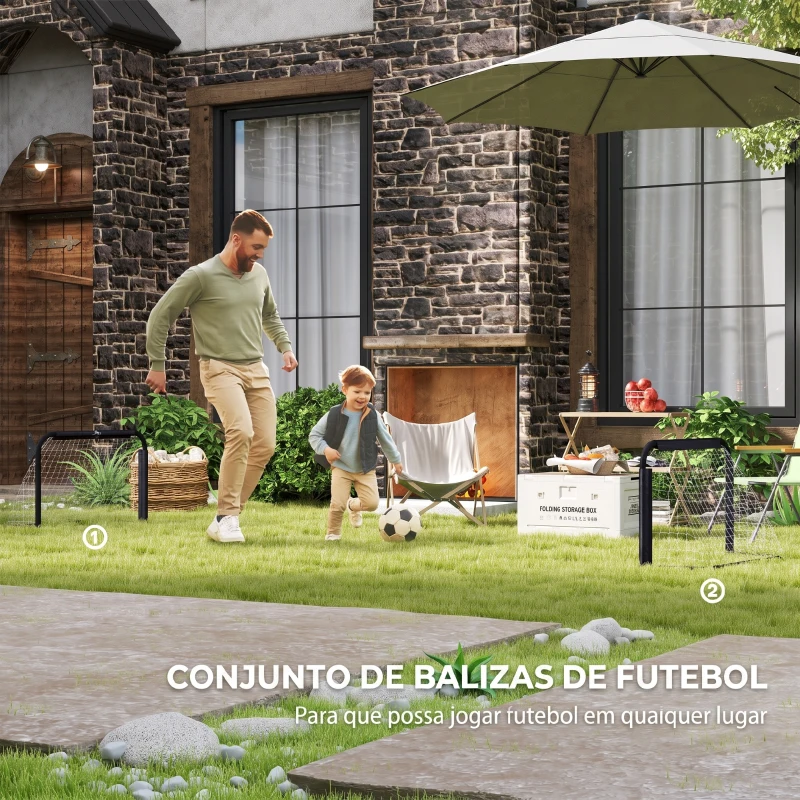 HOMCOM Conjunto de 2 Balizas de Futebol Dobráveis Portáteis com Suporte de Metal e Rede para Treino de Futebol 90x36x60 cm Preto
