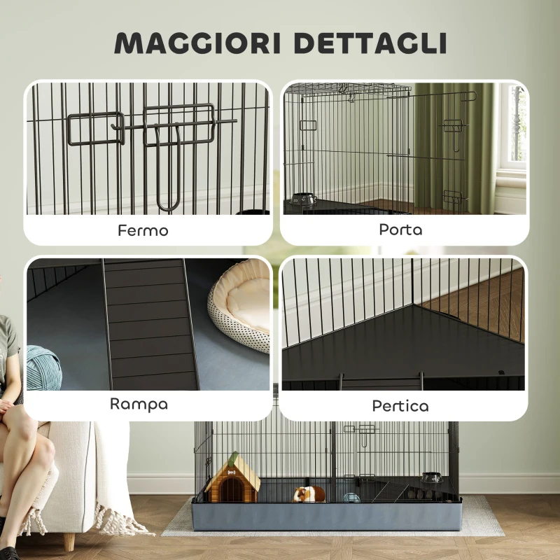 PawHut Gabbia per Animali Piccoli 2 in 1, Coperchio Rimovibile e Sezioni Separate, 121x61x61 cm, Nero