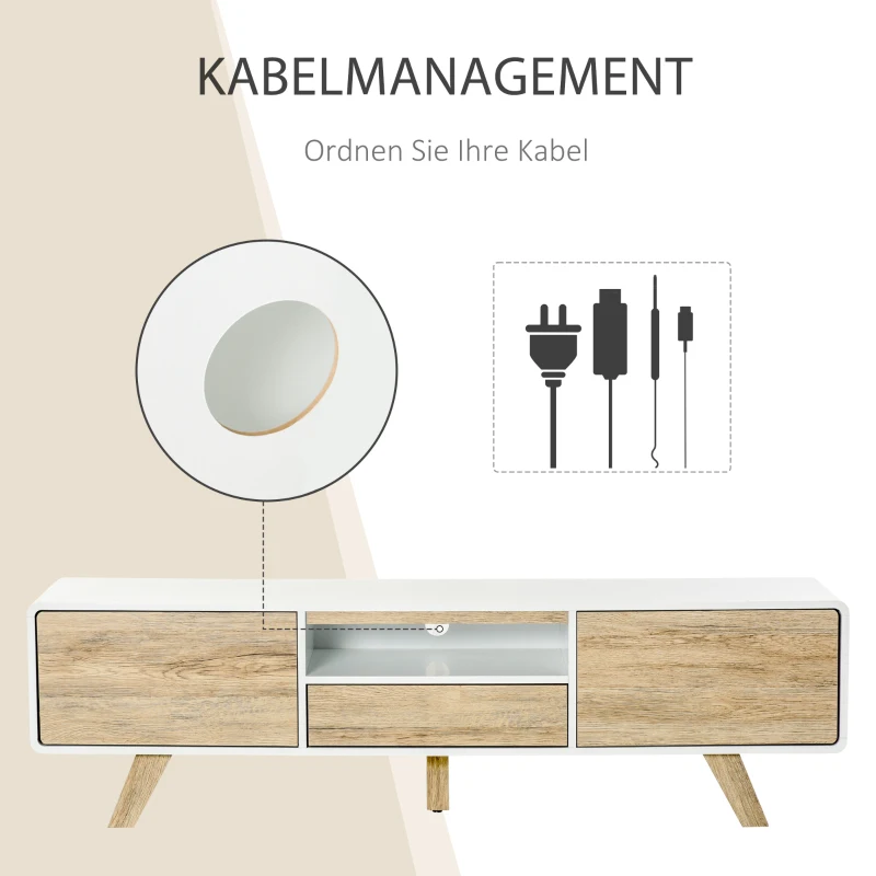 HOMCOM TV Schrank TV Lowboard Kommode für Fernseher kleiner als 60'' mit Push-In-Design Schublade Wohnzimmer MDF Weiß+Natur 160 x 40 x 45 cm