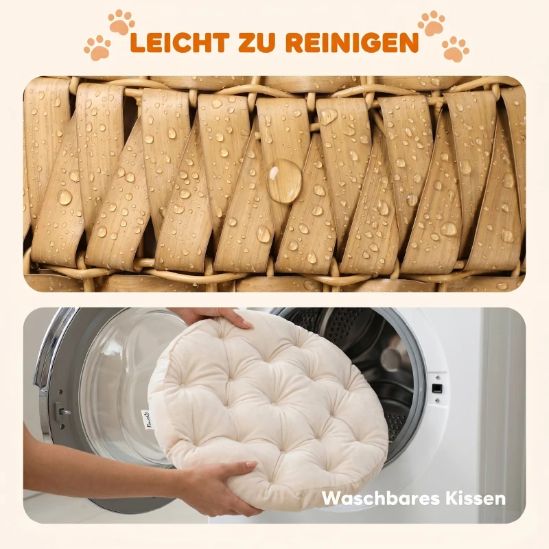 PawHut Katzenbett Rattan Katzenhöhle mit abnehmbares Kissen, Katzenkorb für Katzen bis 10 kg, 50 x 50 x 25 cm, Hellbraun