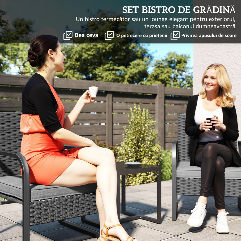 Outsunny Set de mobilier de grădină din ratan cu 2 fotolii de exterior și măsuță cu blat din sticlă, neagră