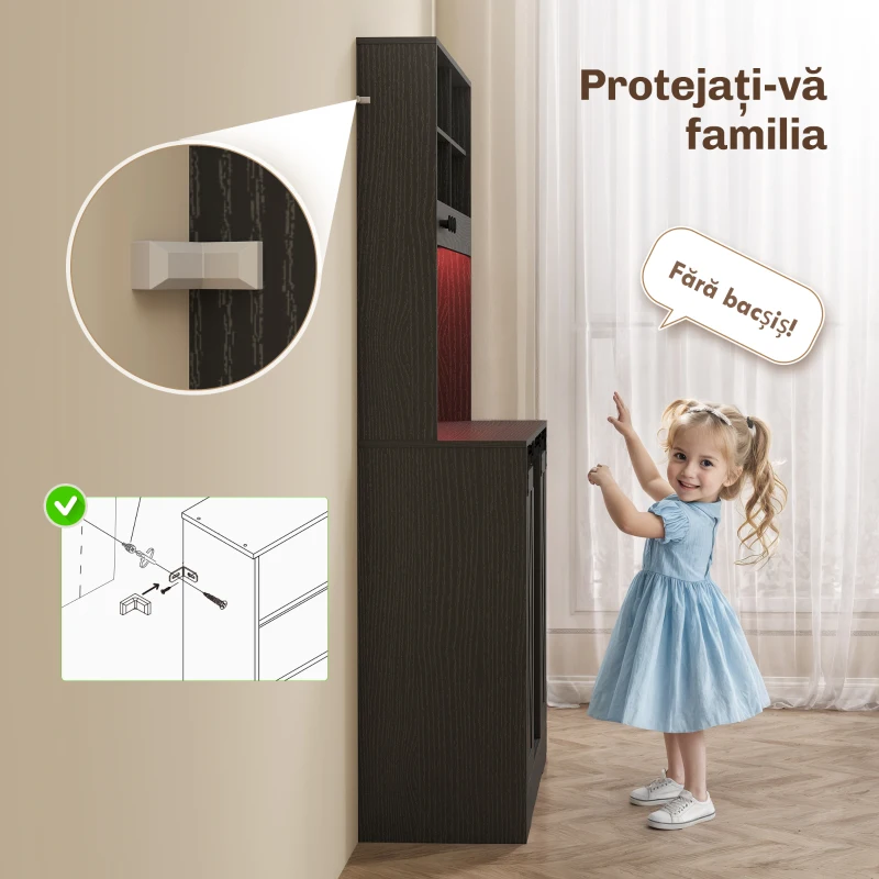 HOMCOM Bufet Înalt de Bucătărie Stil Rustic cu 2 Dulapuri, Suport pentru Sticle, Prize de Încărcare și Lumini LED, Negru