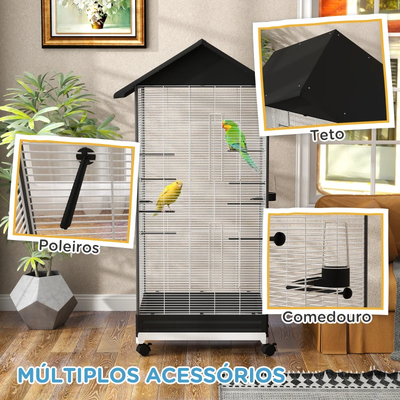 PawHut Gaiola para Pássaros Metálica com com Rodas Bandeja Amovível 4 Portas 2 Comedouros e 8 Poleiros 79x65x155 cm Preto