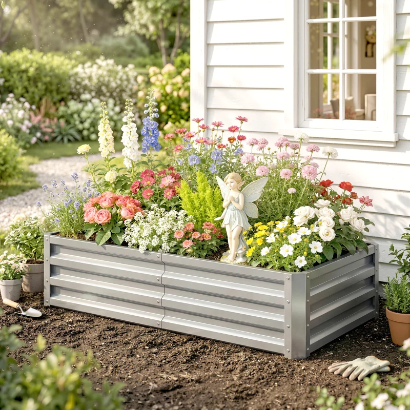 Outsunny Caixa de Plantio de Aço Galvanizado para Cultivar Plantas Flores Floreira Exterior Retangular com Fundo Aberto 120x60x30,5 cm Prata