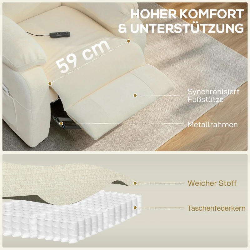 HOMCOM Elektrischer Relaxsessel Fernsehsesel mit Fußstütze, Seitentaschen, bürstenlosem Motor, USB-Anschluss, Fernbedienung