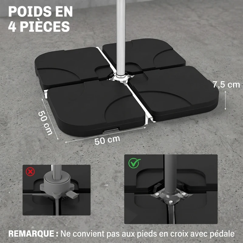 Outsunny Lot de 4 pied de parasol poids de lestage carré avec poignée pour parasol A remplir d'eau jusqu'à 60 kg ou de sable jusqu'à 72 kg 50 x 50 x 8 cm polyéthylène haute densité noir