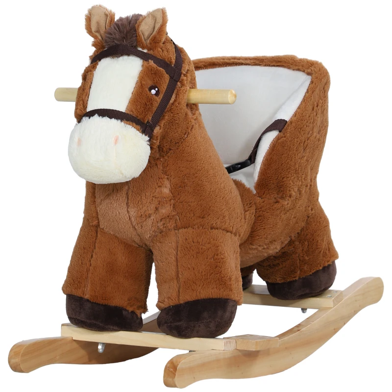 AIYAPLAY Cavalo Baloiço para Crianças de 18-36 Meses com Sons Cinto de Segurança e Base de Madeira Carga 25 kg 68x33x45 cm Marrom